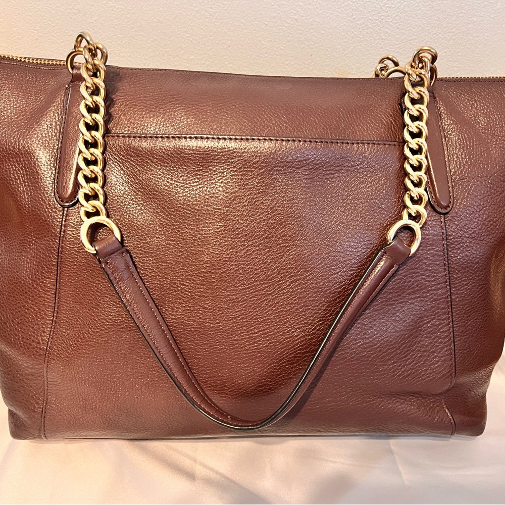 Coach Oxblood Pebble Leather Tote With Gold Chain Acc… Gem